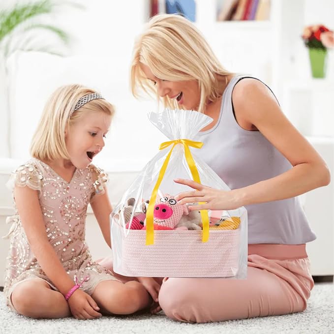 OIAHOMY Woven Basket, Gift Basket Empty with Gift Bags and Ribbons, Rope Baskets for Baby Showers, Storage Baskets with Handles for Nursery, Pet Toy Organizer - Mixed Pink