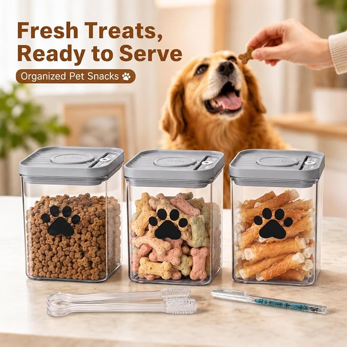 3-Pack Airtight Pet Treat Jars | 48oz Clear Dog & Cat Food Storage Container | Dog Cat Treat Container for Kitchen Counter | Small Dogs Kibble Bin | Dog Cookie Jar - BPA free
