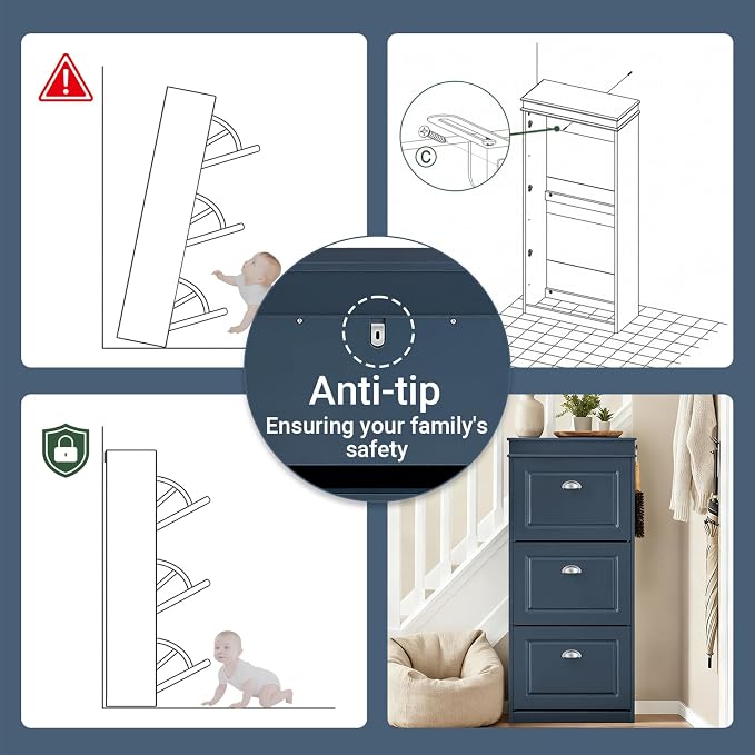 Haotian Shoe Cabinet with 3 Flip Drawers | Freestanding Shoe Rack for Entryway, Shoe Organizer with Hidden Drawer, Navy Blue, FSR94-B
