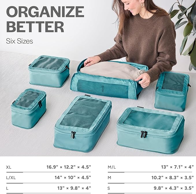 Compression Packing Cubes for Travel, 6-Pack, Teal | Solves overpacking, 6-Piece set fits most suitcases, 50% Space savings, Compression luggage organizer bags