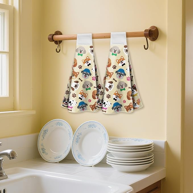 CUTHOLLOW Cute Cartoon Puppy Hanging Kitchen Towels with Loop, Set of 2 - Soft & Super Absorbent Microfiber Decorative Hanging Dish & Hand Towel, Tea, Coffee Towel for Kitchen Bathroom Oven Handle