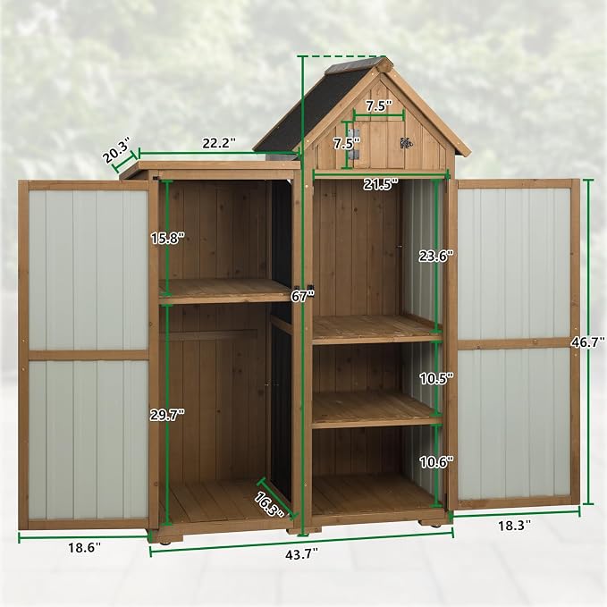 Ketive Outdoor Storage Cabinet, 67" Wooden Garden Tool Storage Shed | Shelves, Metal Panels, Top Storage Compartment, Asphalt Roof, Ground Anchors for Patio, Backyard, Garden Tools