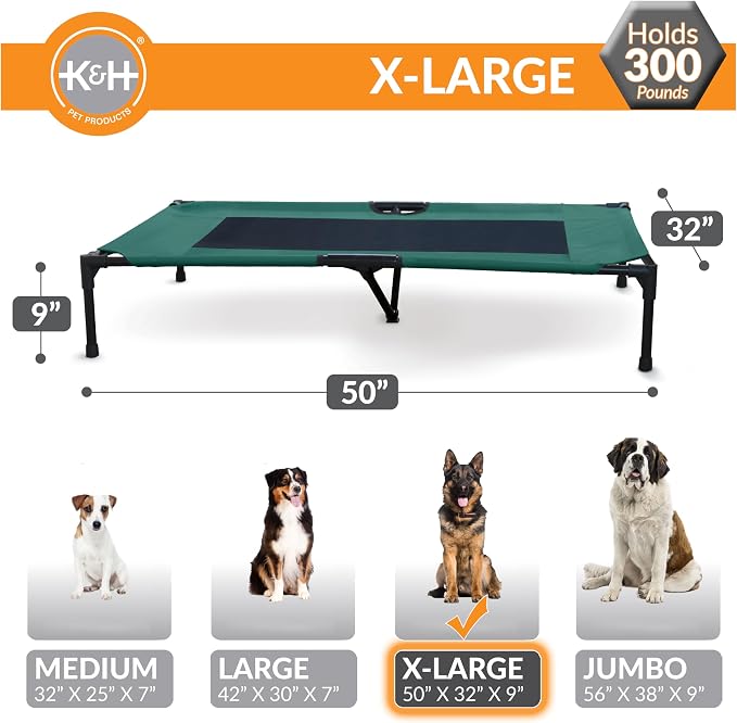 K&H Outdoor Elevated Dog Bed, Cooling Raised Dog Bed, Green, XL 50x32in | Pet Cot for Large & Extra Large Pets, Breathable Mesh Center Hammock Design, Indoor/Outdoor Washable Cover, 50x32in