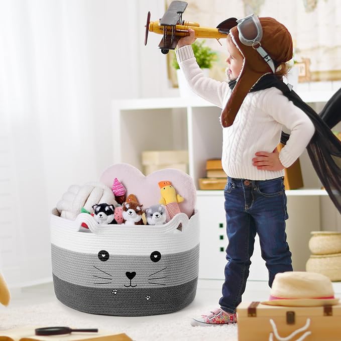 Zopeal Cat Woven Gift Basket Storage,21.7 x 13.8 Inch,Dark Gradient | Cute Cotton Rope Organizer with Handles for Toy Box, Nursery Decor, Decorative Bin, Pet Supplies Holder, Desk Storage