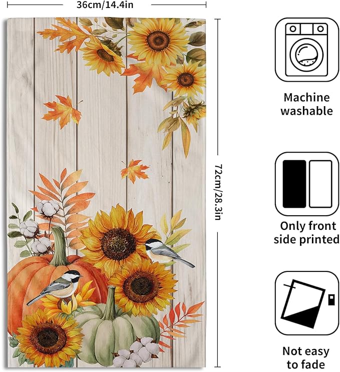 Giwawa 2PCs Fall Autumn Towel- Orange Green Pumpkin Sunflowers Birds Wood Board Hand Face Towels- Thanksgiving Harvest Leaf Soft Microfiber Dish Towel for Bathroom Guest Season Hotel Gym Decor