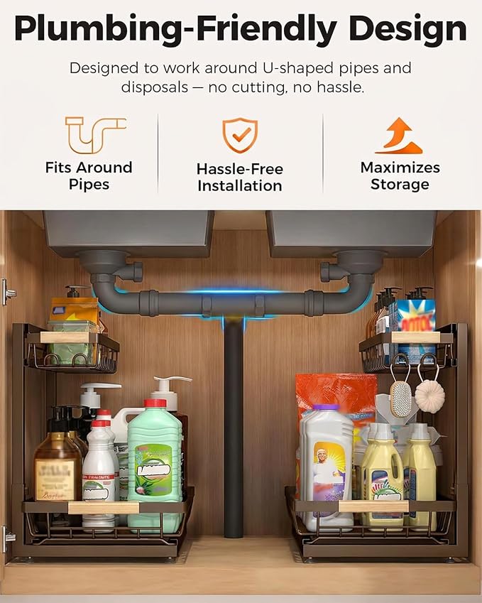 2-Pack 2-Tier Height Adjustable Under Sink Organizer & Storage (Brown)