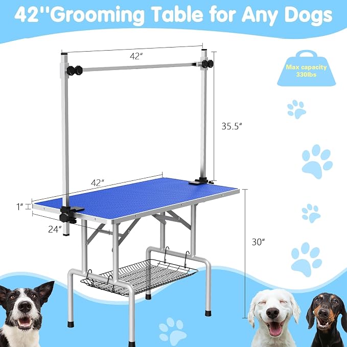 42'' Foldable Dog Grooming Table with Arms/Nooses/Mesh Tray, Blue | Stainless Steel Grooming Table for Dogs at Home, Adjustable Pet Bathing Station, Non-Slip Waterproof Tabletop, Capacity 330Lb