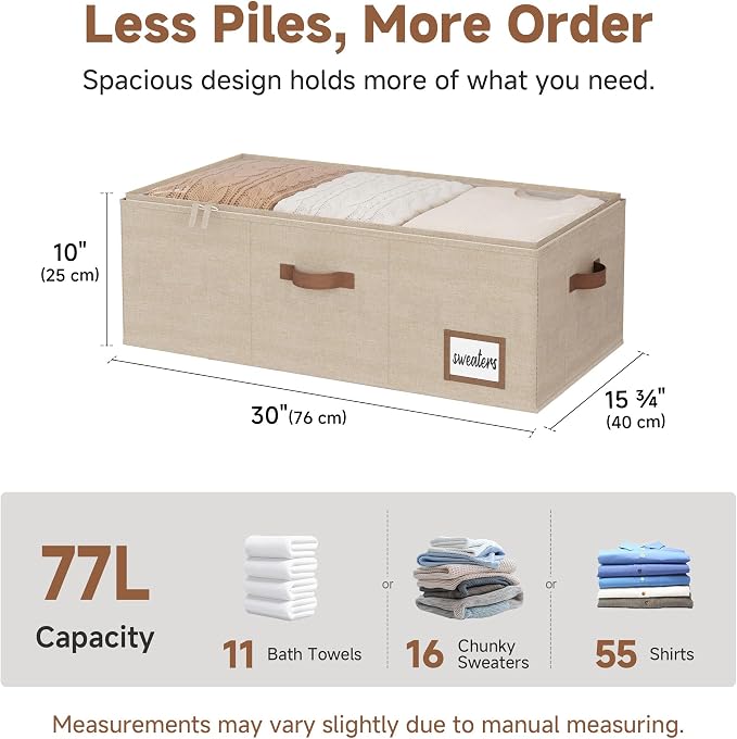 StorageWorks 10 Inch Tall Under Bed Storage Containers with Clear Lid | Reinforced Structure, Resists Sagging, Handles & Label Holder, Foldable Stackable Closet Storage for Clothes, Blankets, Toys