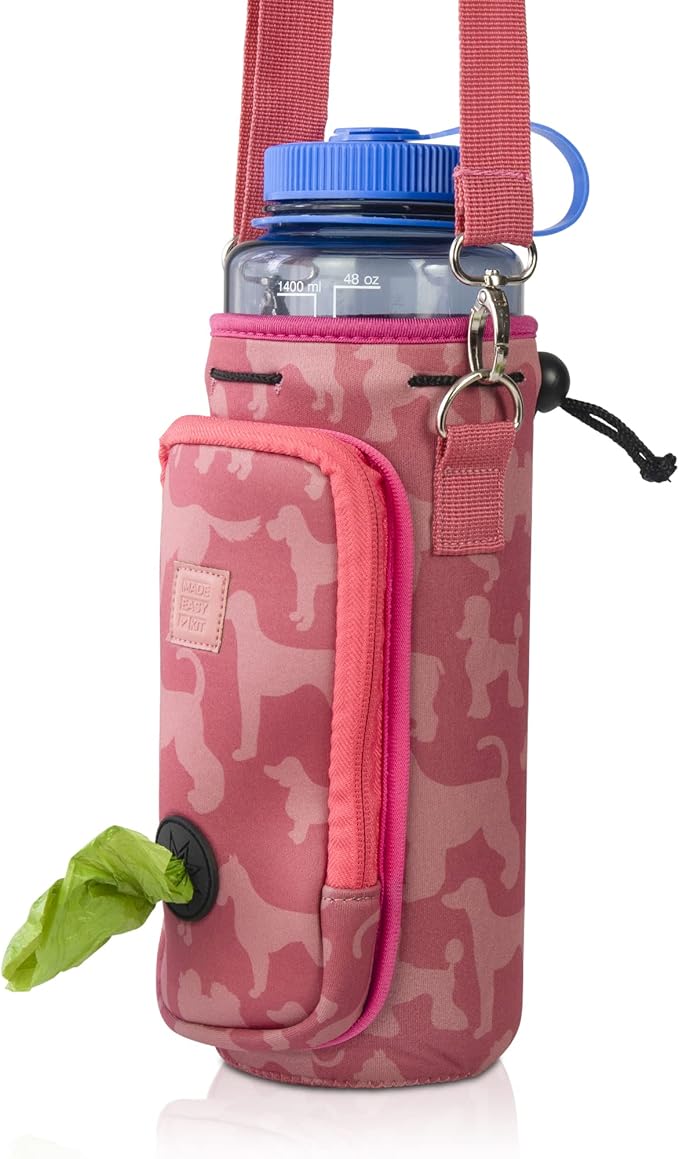 Made Easy Kit Water Bottle Carrier with Pocket for Dog Poop Waste Bags and Adjustable Padded Shoulder Strap (Tall & Large (40oz) with Bowl, Pink, Dog Silhouettes)