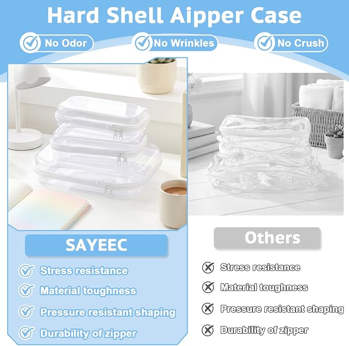 SAYEEC 3 Pack Clear Hard Shell Zipper Case Clear Pencil Case Travel Makeup Bag Rigid Toiletry Bag Organizer Portable Cosmetic Bags Plastic Zipper Pouches for Office Tech Art Supplies Storage (M, 2S)