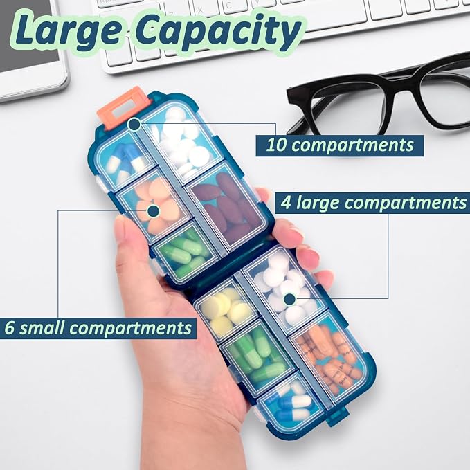 3 Pack Pill Organizer Travel Case - 10 Compartments Large Weekly Pill Container with 420 Labels, Double Lock Design, Portable for Home/Travel/Purse