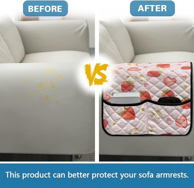 Strawberry Stretch Armrest Cover Couch Arm Covers Washable Sofa Chair Arm Covers with 2 Pockets Furniture Protector Armchair Slipcovers for Recliner Home Decor Sofa Arms Rest Cover