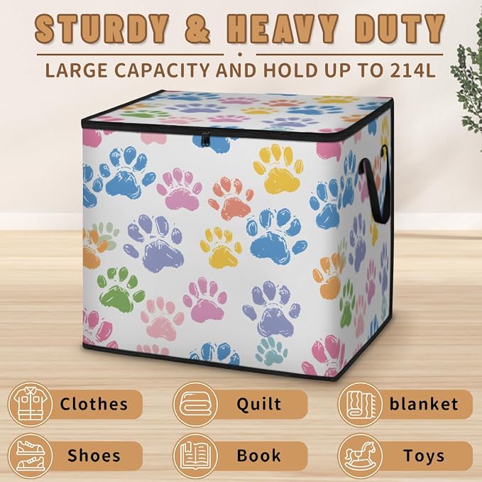 Colorful Dog Paw Large Storage Bags, Fabric Bed Storage Containers, Foldable Closet Organizers for Blanket, Clothing, Comforter, Bedding, Paw Print