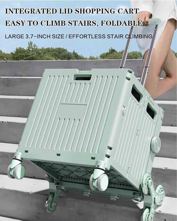 Collapsible Wheeled Crate with Lid,Folding Utility Cart Portable Rolling Crate Handcart,asket on 4 Rotate Wheels,Can Climb Stairs,Heavy Loads and Easy Storage White 35.5x39.5x101cm