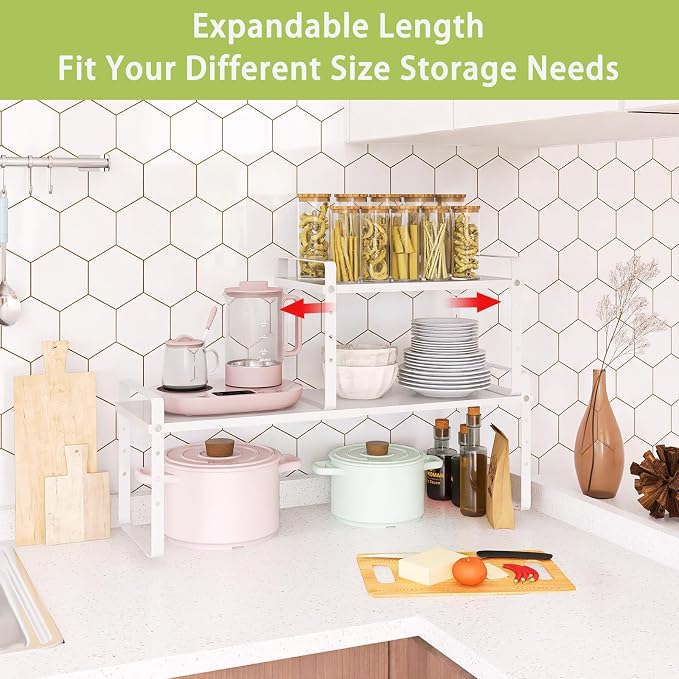 Across-Star Expandable Cabinet Shelf Organizer Rack, Stackable Kitchen Counter Storage Shelves Stand, Adjustable Height Pantry Shelf Spice Rack (White, 1 Pack)