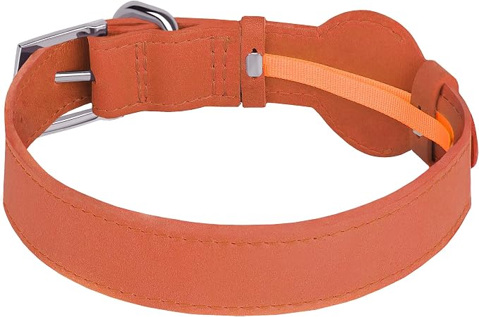 Leather Dog Collar with Airtag Holder - Apple Air Tag Dog Collars - Soft Tracking GPS Pet Collar for Small Medium Large Dogs Breed Puppy (Tawny, M, 12"-15" Neck Fit)