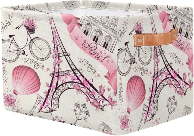 Storage Basket Floral Paris Eiffel Tower, Large Foldable Organizer Storage Bins for Shelves, Sturdy Canvas Cubes Storage Boxes with Handles for Toys Closet Nursery Office Living Room 15" x 11" x 9.5"