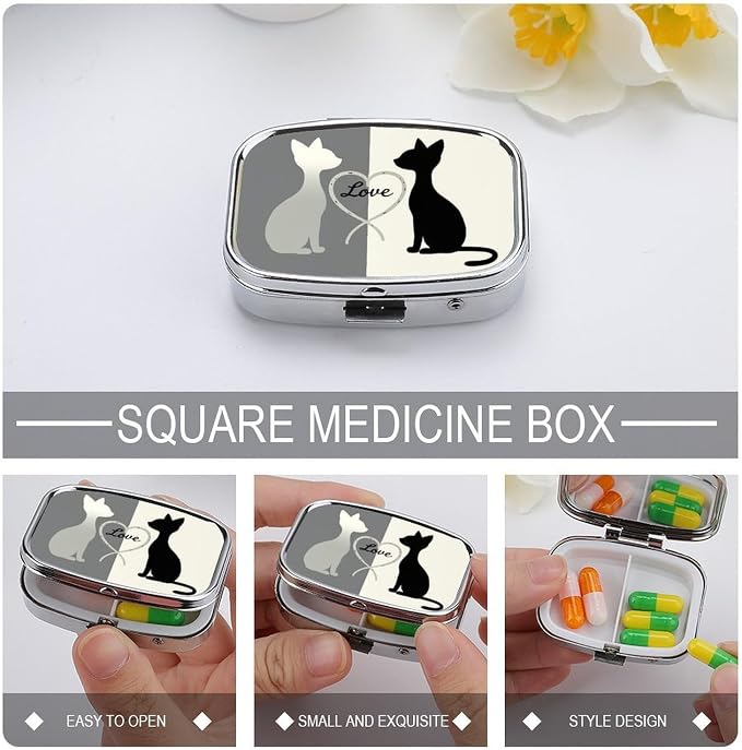 Cute Cats Durable Metal Pill Case for Daily Use, 2 Slot Medicine Box Organizer,Leak Proof Travel Pill Container for Vitamins, Compact Pocket Medicine Holder for Seniors,Holiday Gift