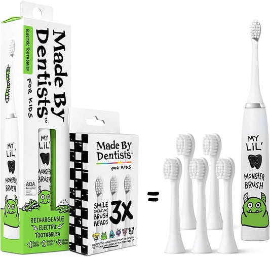 Made by Dentists Kids Electric Toothbrush - Rechargeable Vibrating Toothbrush with Timer, Includes 6 Replacement Heads, Gently Cleans Teeth, Kid & Toddlers Age 2+, Monster