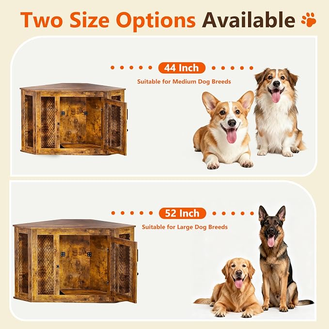 44" Corner Dog Crate Furniture, Wooden Dog Kennel Indoor | Corner Dog Kennel Furniture for Medium-Large Dogs, Brown Space-Saving Decorative Indoor Pet House with Mesh Door & Lock