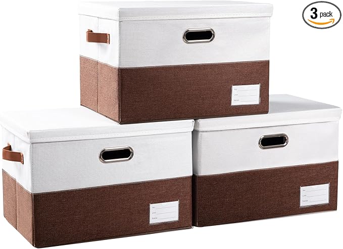Foldable Storage Bins with Lids [3-Pack] Fabric Collapsible Storage Boxes Baskets Cubes Containers with Handles for Closet Living Room Bedroom (Brown & White 17.7x11.8x11.8'')