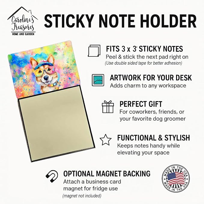 Caroline's Treasures Corgi Hippie Dawg Sticky Note Holder Refillable Dispenser Self-Sticky Note Pads, Memo Pads Blank Desk Accessories