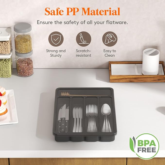 Lifewit Silverware Organizer with Lid, Covered Utensil Tray, 9.5x12.7 | Plastic Cutlery Storage Box for Kitchen Drawer and Countertop, Flatware Case Holder for Spoons Forks Knives, Black