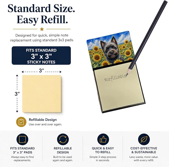 Caroline's Treasures Cairn Terrier in Sunflowers Watercolor Sticky Note Holder Refillable Dispenser Desk Accessory 3x3 Pad Gift