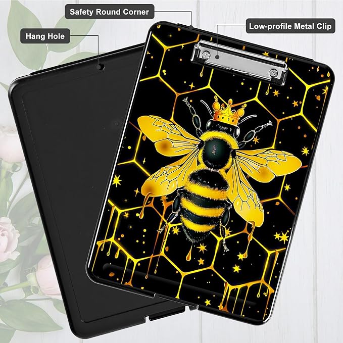 Bee Black Background A4 Clipboard with Storage Pen Holder, Clipboards Organizer Nursing Clipboard Foldable File Folder Plastic Clipboard Folio Clip Board for Office Students Classroom