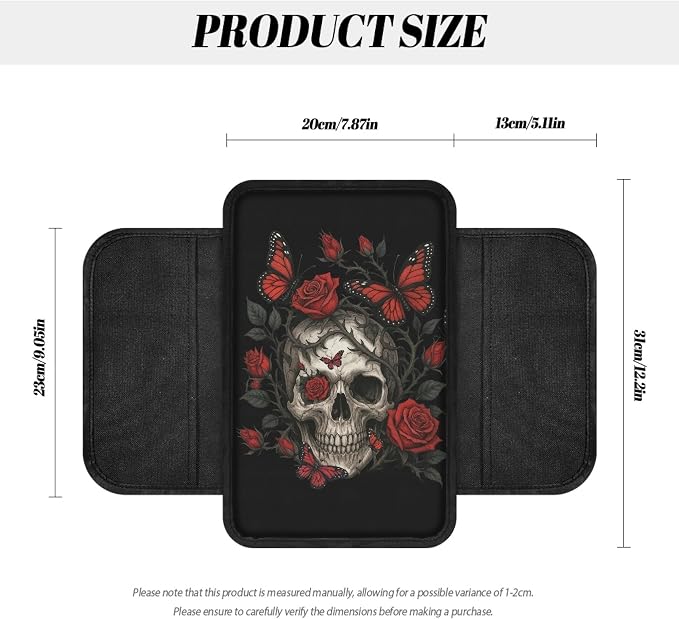 Howilath Butterfly Skull Console Cover for Car Armrest with Storage Pocket | Red Rose Easy Stretch-On, No Tools, Washable, with Side Pockets for Phones and Keys, Fits Most Vehicles
