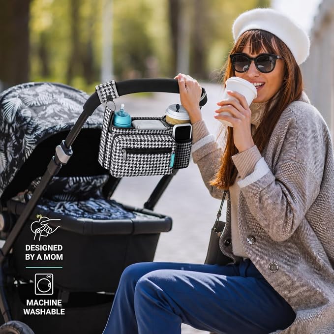 Stroller Organizer Non Slip Straps Stroller Caddy With Cup Holder, Stroller Bag for Phone, Pet Stroller Accessories, Universal Fits Uppababby Vista v2 Wonderfold Wagon, Doona and More (Houndstooth)
