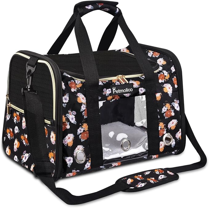 Petmolico Cat Carrier Soft-Sided Airline Approved, Large, Orange Flower | For small/medium cats & puppies up to 16 lbs, 3 open doors, travel-friendly pet bag