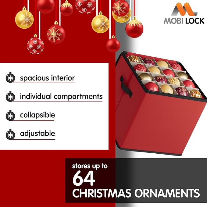 Mobi Lock Christmas Ornament Storage Box with Dividers - Holiday Ornament Organizer Bag - Holds 64 Balls - Durable Red Fabric Container, No Tray - Foldable Xmas Decorations Storage
