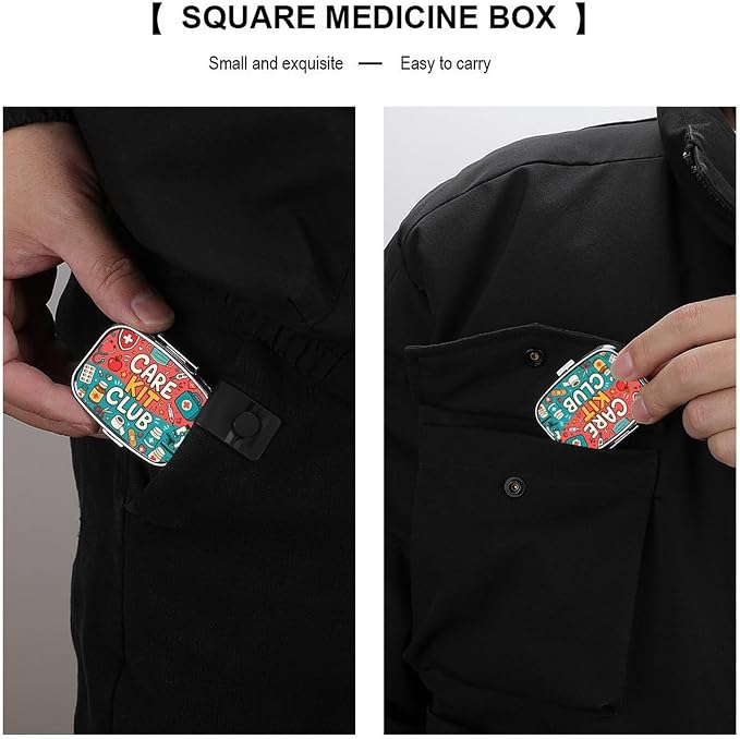 Care Kit Club Doodle Collage Two Compartment Pill Box Medicine Organizer, Portable Pill Case with Secure Snap Closure for Vitamins Medication Supplements Daily Use