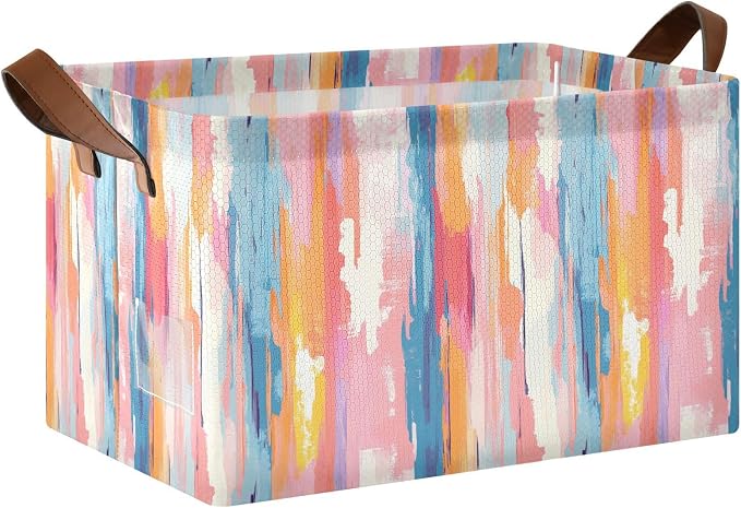 Pastel Rainbow Colored Abstrct Storage Basket Foldable Cube Storage Bin with Handles&Label Collapsible Organizer Box Bin Large Rectangle Decorative Basket for Shelve Home Living Room Closet