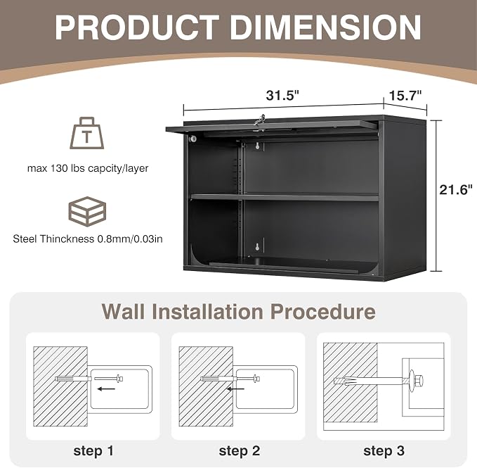 Metal Wall Cabinet with Locking Door and Shelf, Hanging Garage Cabinets with Up-Flip Doors for Garage, Warehouse, Home, Office, Assembly Required (Black, One Cabinet)