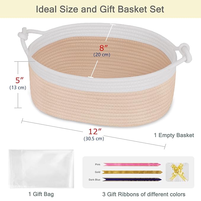 Small Empty Gift Basket with Bag & Ribbons, White & Beige | 12“x8”x5”, Cotton Rope Woven Basket for Birthdays, Baby Showers, Mother's Day, Christmas; Stores Small Items, Kids & Pet Toys