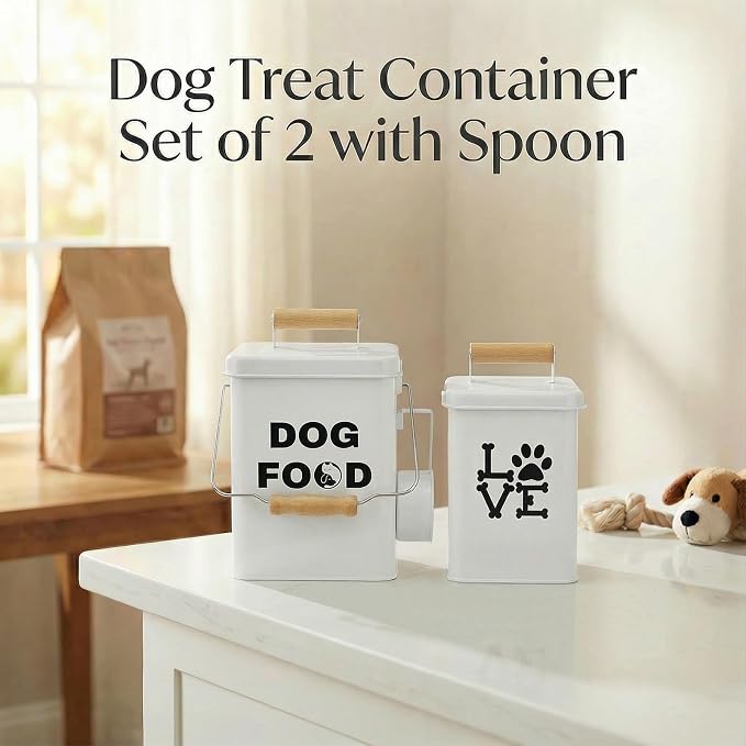 Dog Food Storage Container Set of 2 Dog Treat Container with Airtight Lids Dog Treat Jar with Scoop Metal Dog Food Holder with Wooden Handles for Kitchen Counter and Pantry Home Decor - Beige