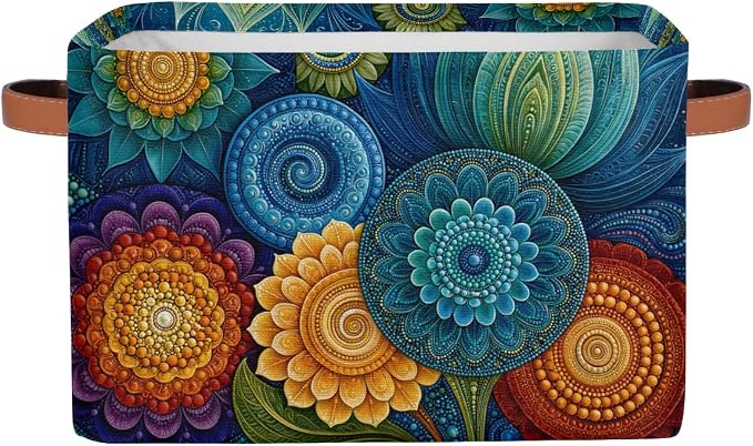 Mandala Basket Storage Bins Rectangle Canvas Basket Cube Storage Box | Nursery Foldable Basket with Handle for Kids Girls Boys Toys Living Room Closet Organizer Shelf Gifts Colorful Bohemian