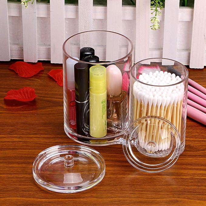 Hipiwe Clear Acrylic Cotton Swab and Ball Holder 2 Slots Q-tip Container | Round Cotton Pad Q-tip Organizer Case for Make Up Brush Clear Apothecary Jar