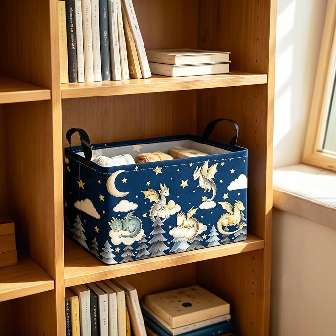 Rectangular Dragon Storage Bin, Medium Fabric Closet Organizer Basket | Moisture repellent textile, reinforced carry grips, collapsible holder tidies cabinet and teenage bedroom belongings