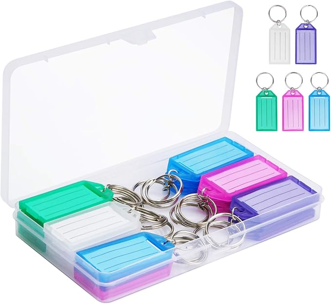 Cuttte 20 Pack Plastic Key Tags with Labels and Container 5 Colors | Key Tags with Ring and Label Window for Flash Drives, Suitcases, Backpacks, Luggage, Lunchboxes