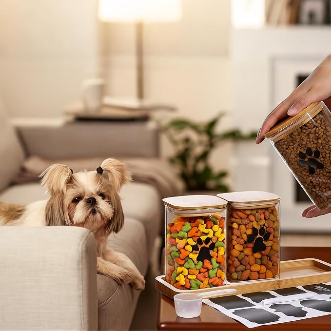 3 Pack Airtight Dog Treat Containers with Bamboo Lids, 37 oz Pet Treat Jars | Dog Food Organizer, Food Holder with Bamboo Lids, Wood Tray, Scoop, Labels, Pen, Dog & Cat Treat Container for Countertop
