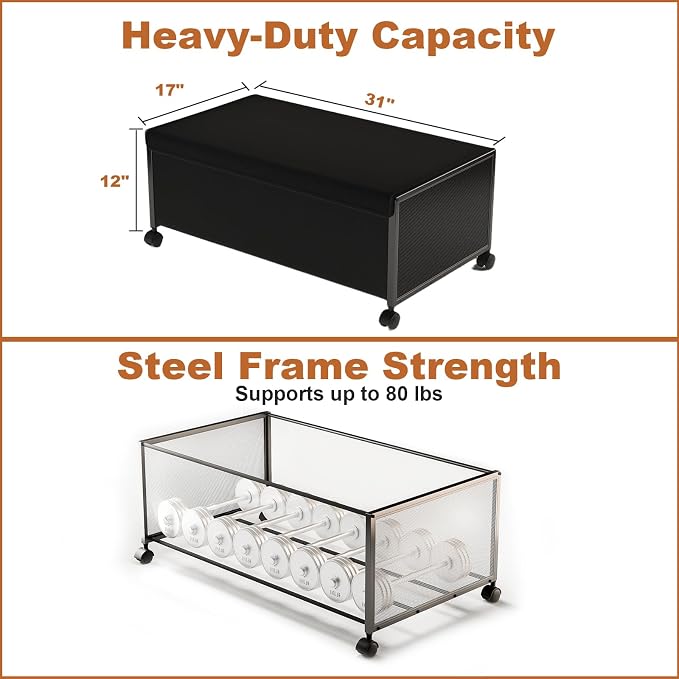 Fokyfok 2Pack Under Bed Storage Containers,12 inch Height,31 inch Long | Under Bed Shoe Storage,Underbed Storage with Wheels,Large Rolling under bed Clothes Storage Drawers,Lid,Dorm Tall,Black