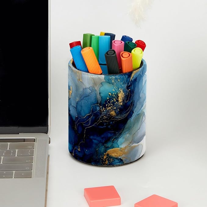 Blue Marble Texture Pen Holder, Pencil Cup Marker Brush Holder Desk Storage Case, Desktop Organizer for School Office Home Supplies