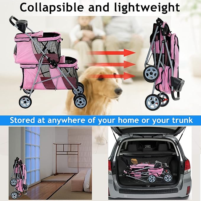 Dkeli 4 Wheel Pet Stroller for Small and Medium Dog Cats, Double Dog Stroller with Cup Holder, Folding Travel Cage for 2 Puppies or Two Kittens, Pink