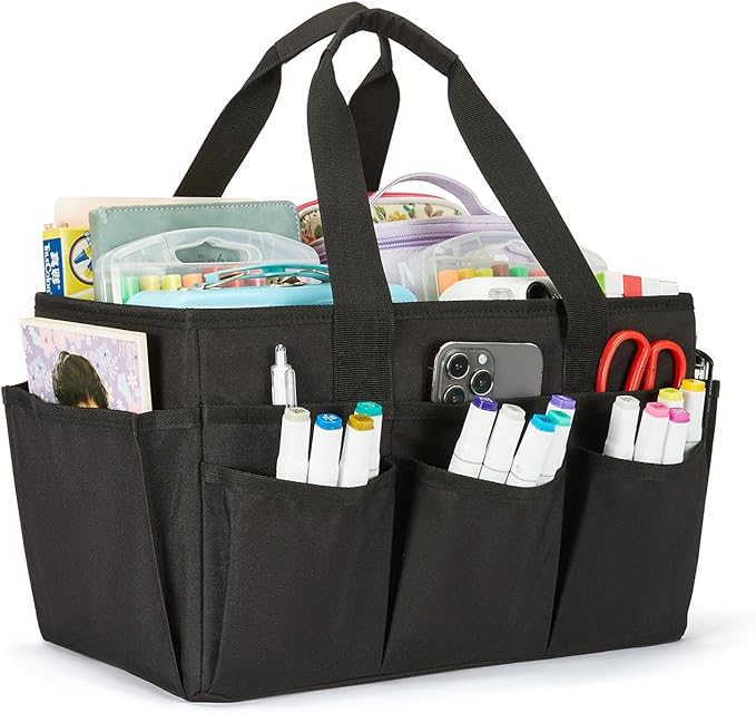 Craft Organizer Tote Bag, Art Storage Caddy with Multiple Pockets | Art Supplies Storage, Sewing Bag, Scrapbooking for School, Home and Office (Black)