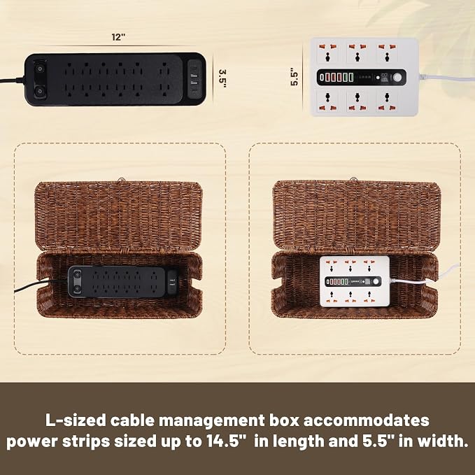 Cable Management Box, Cord Organizer with Lid & Cable Ties - Brown Large | Handmade Open Slots Cord Hider Outlet Covers for Power Strip TV PC Router Charger Under Desk Storage