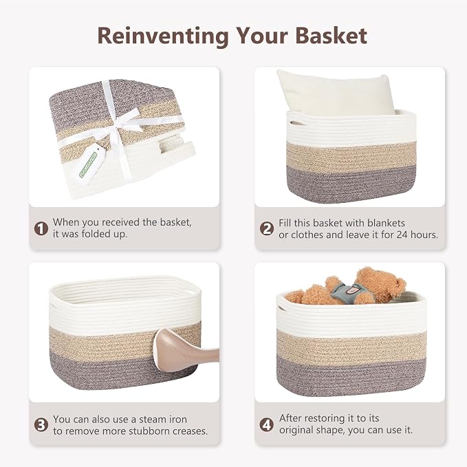 ECDYQXVU 15x10x9 Woven Cotton Rope Storage Basket, Leather Handles 3 Pack | Foldable Design, Sturdy PU Handles, Easy to Clean Organizer for Living Room, Closet, Shelves, Bedroom, Laundry, Clothes