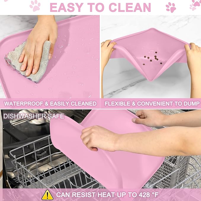 Smilool Silicone Pet Food Mat with Raised Edge for Food and Water Bowl, Dog Feeding Mats, Cat Food Trays for Floor Waterproof, Rubber Tray for Dogs and Cats, 22 x 14 x 0.8 Pink